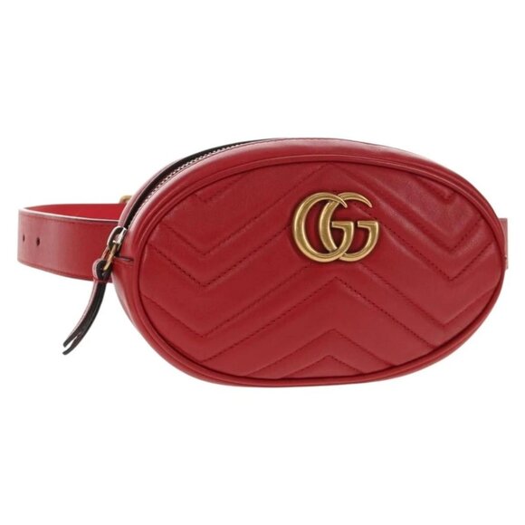GUCCI GG Marmont Waist Bag Leather Red Gold 476434 Auth 146076V - Picture 2 of 16